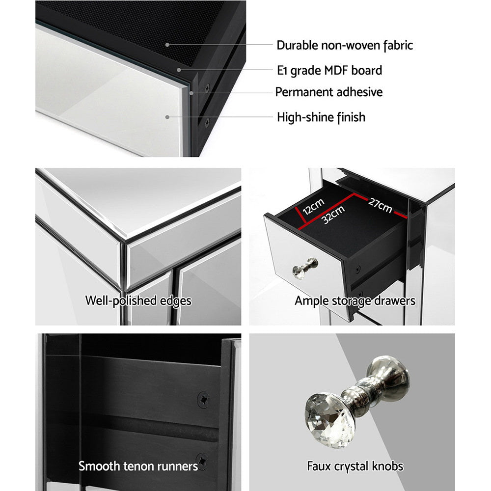 Bedside Tables: Artiss Set of 2 Bedside Table 3 Drawers Mirrored Glass - PRESIA Silver