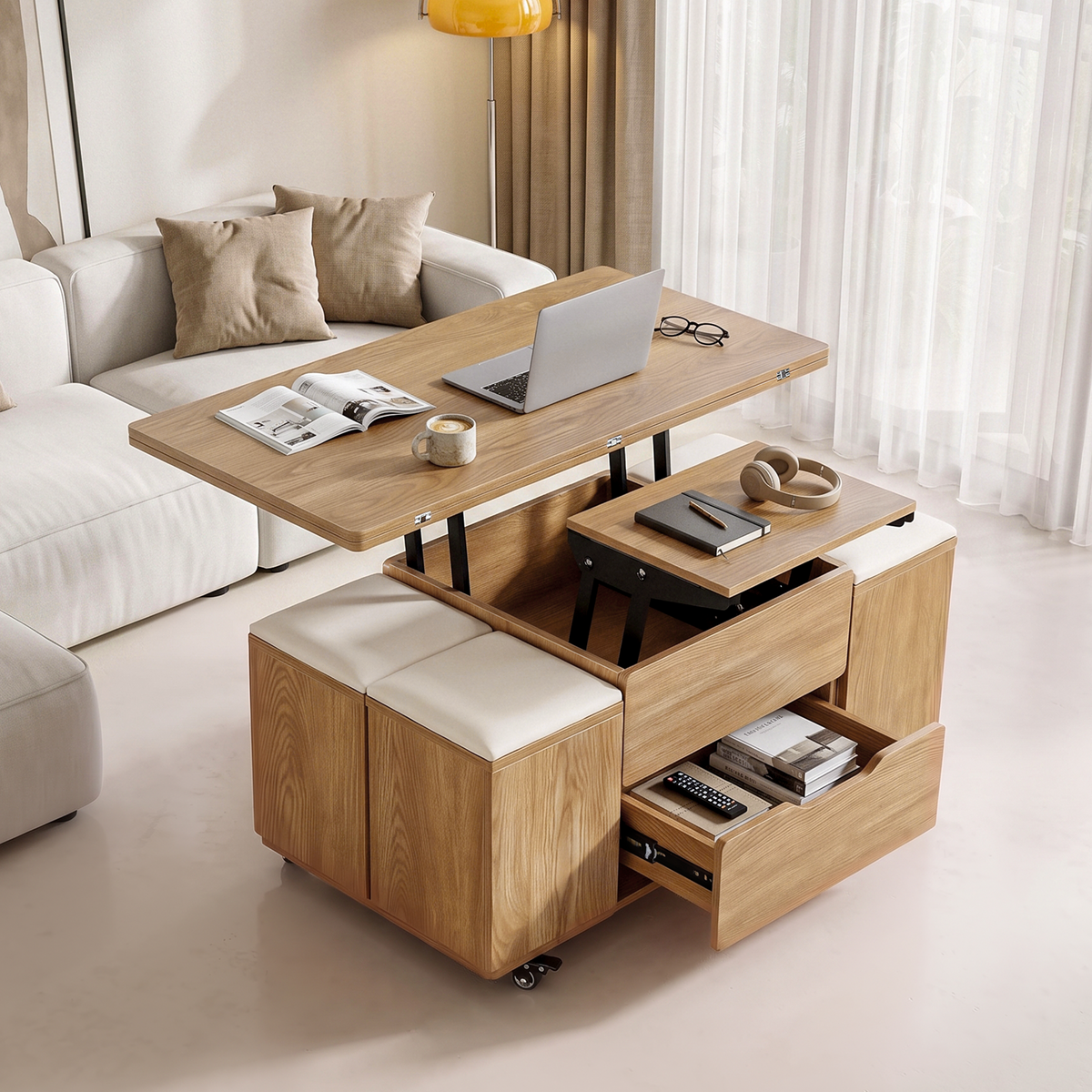 Fittro 3-in-1 Lift Top Coffee Table with 4 Chairs