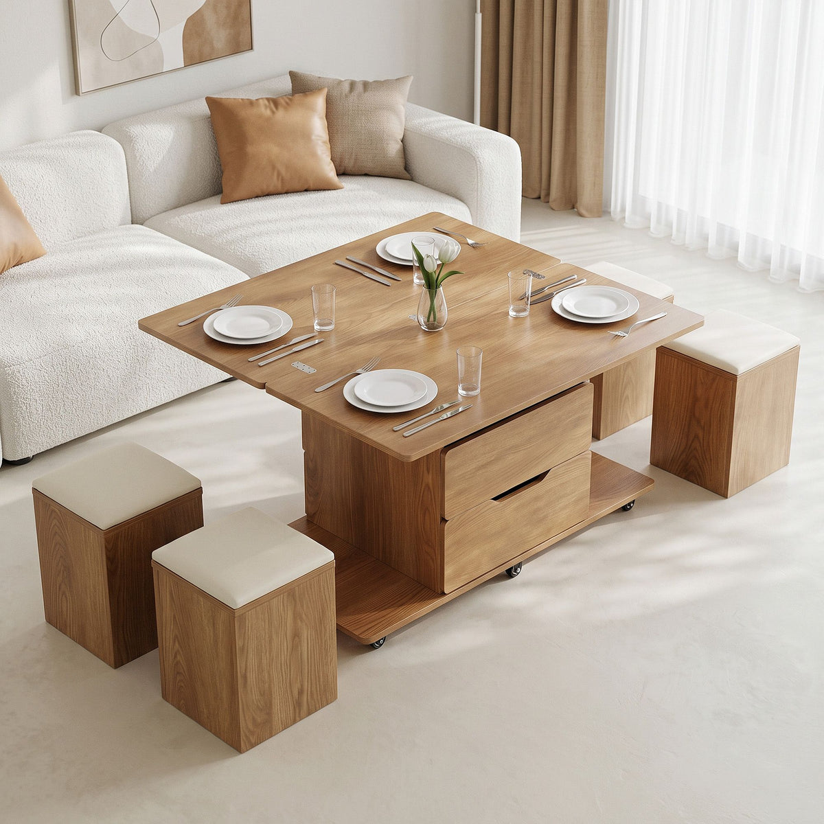 Fittro 3-in-1 Lift Top Coffee Table with 4 Chairs