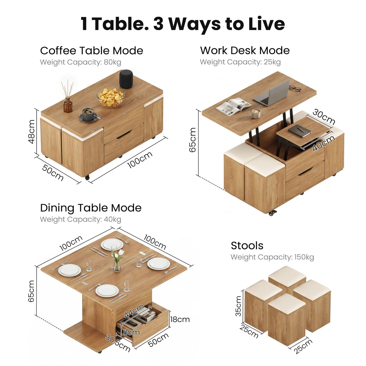 Fittro 3-in-1 Lift Top Coffee Table with 4 Chairs