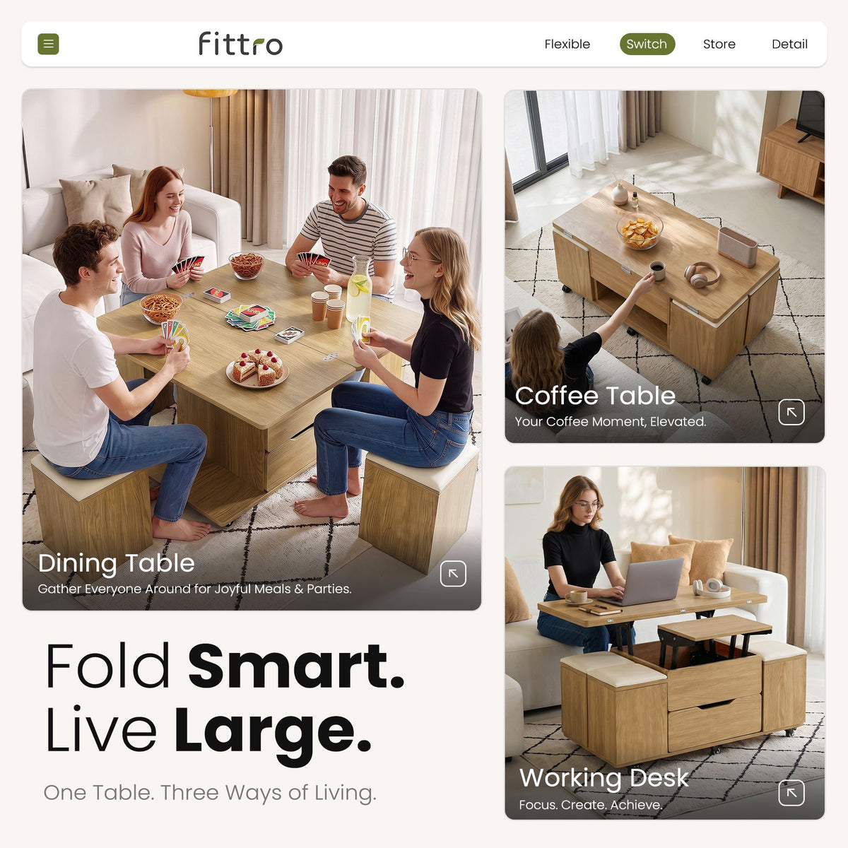 Fittro 3-in-1 Lift Top Coffee Table with 4 Chairs