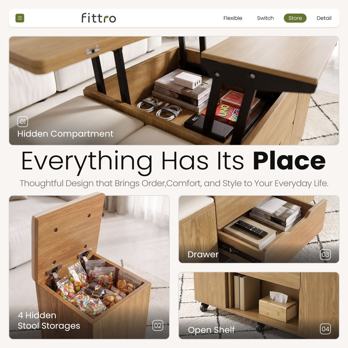 Fittro 3-in-1 Lift Top Coffee Table with 4 Chairs