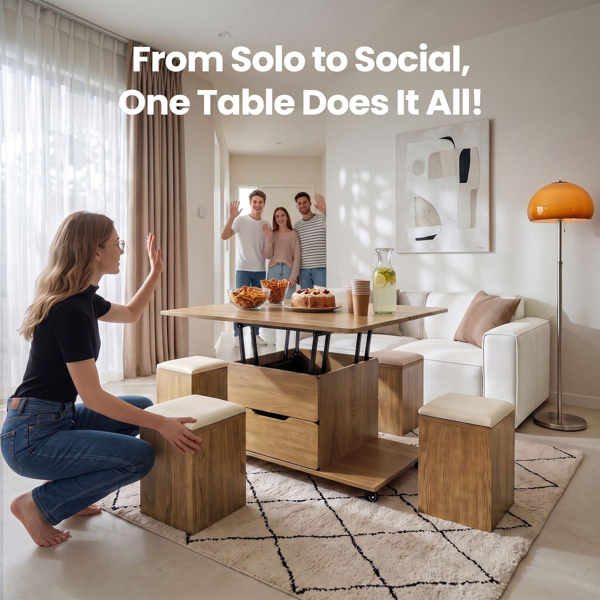 Fittro 3-in-1 Lift Top Coffee Table with 4 Chairs