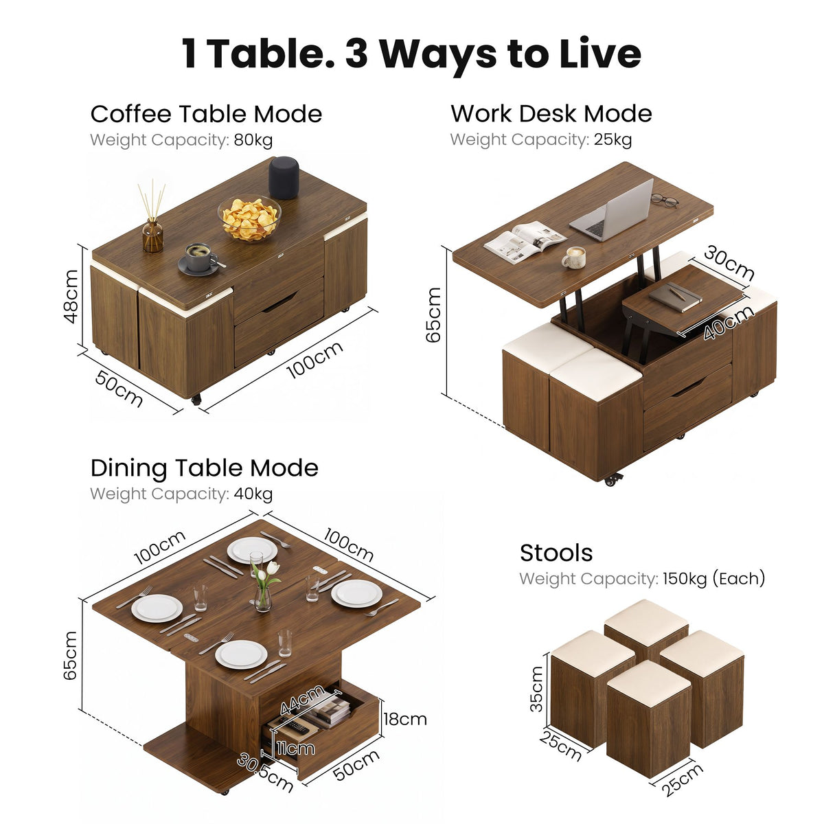 Fittro 3-in-1 Lift Top Coffee Table with 4 Chairs, Dining Table Work Desk Built-in Storage, Hydraulic Swivel, Lockable Castors, Space-Saving for Living Rooms & Flats, Apartments