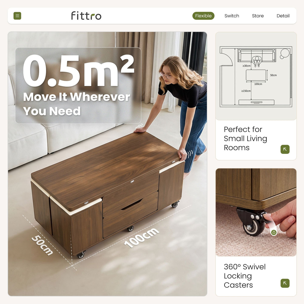 Fittro 3-in-1 Lift Top Coffee Table with 4 Chairs, Dining Table Work Desk Built-in Storage, Hydraulic Swivel, Lockable Castors, Space-Saving for Living Rooms & Flats, Apartments