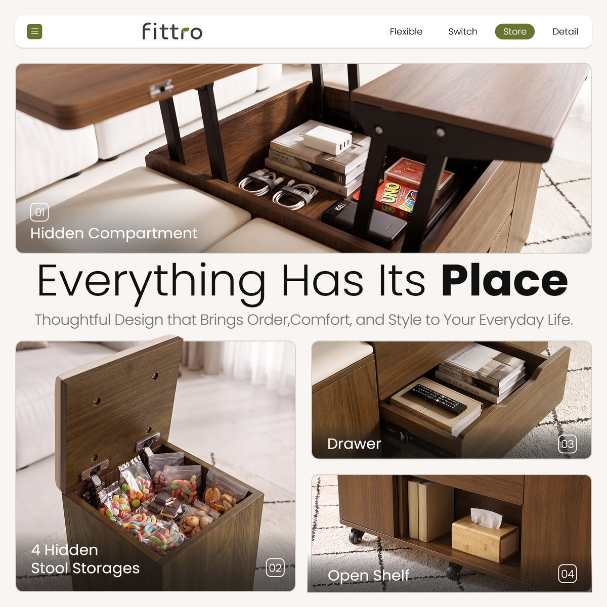 Fittro 3-in-1 Lift Top Coffee Table with 4 Chairs, Dining Table Work Desk Built-in Storage, Hydraulic Swivel, Lockable Castors, Space-Saving for Living Rooms & Flats, Apartments