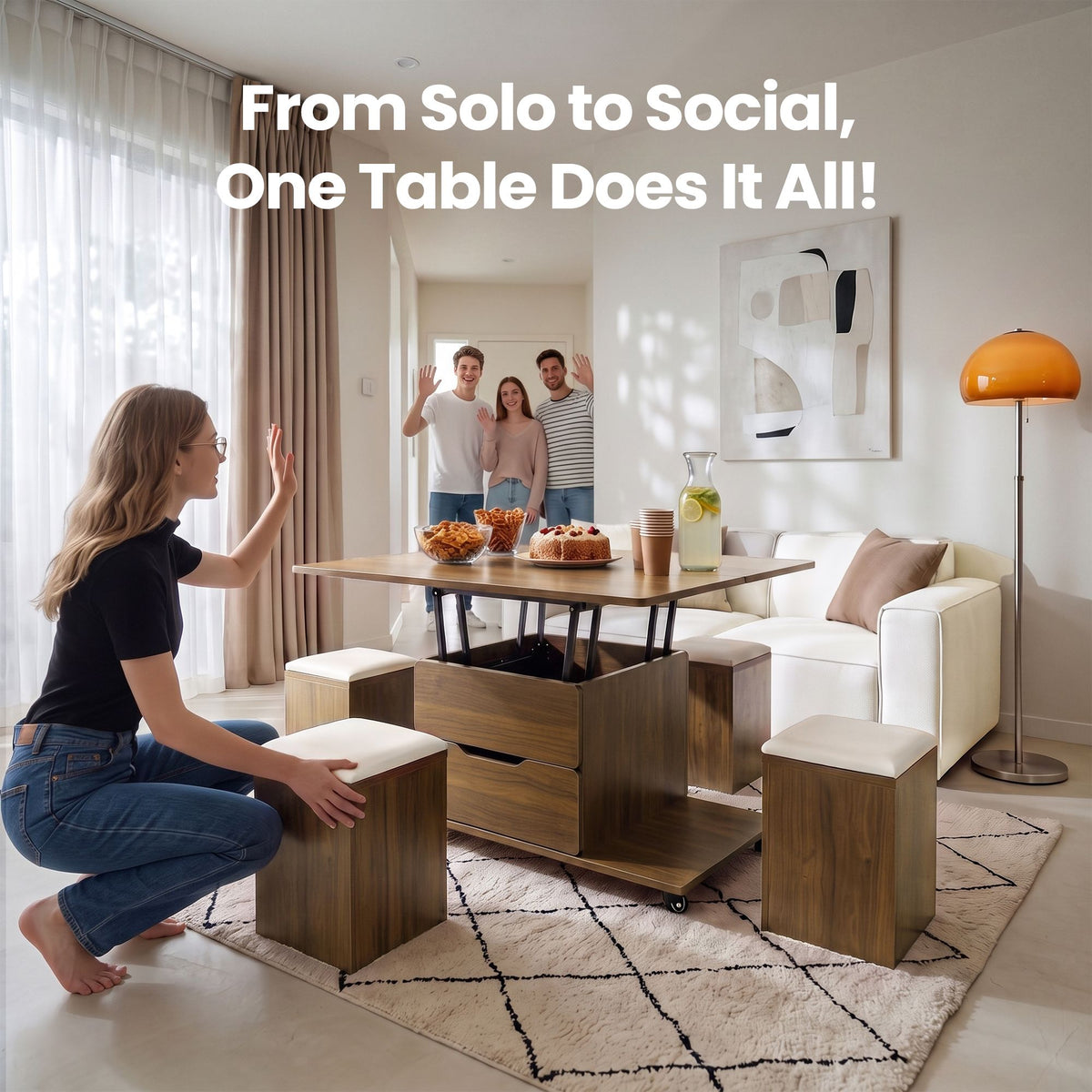 Fittro 3-in-1 Lift Top Coffee Table with 4 Chairs, Dining Table Work Desk Built-in Storage, Hydraulic Swivel, Lockable Castors, Space-Saving for Living Rooms & Flats, Apartments