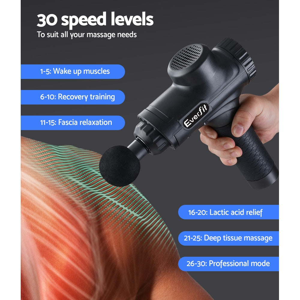 Massagers: Everfit Massage Gun 30 Speed 6 Heads Vibration Muscle Massager Chargeable Black