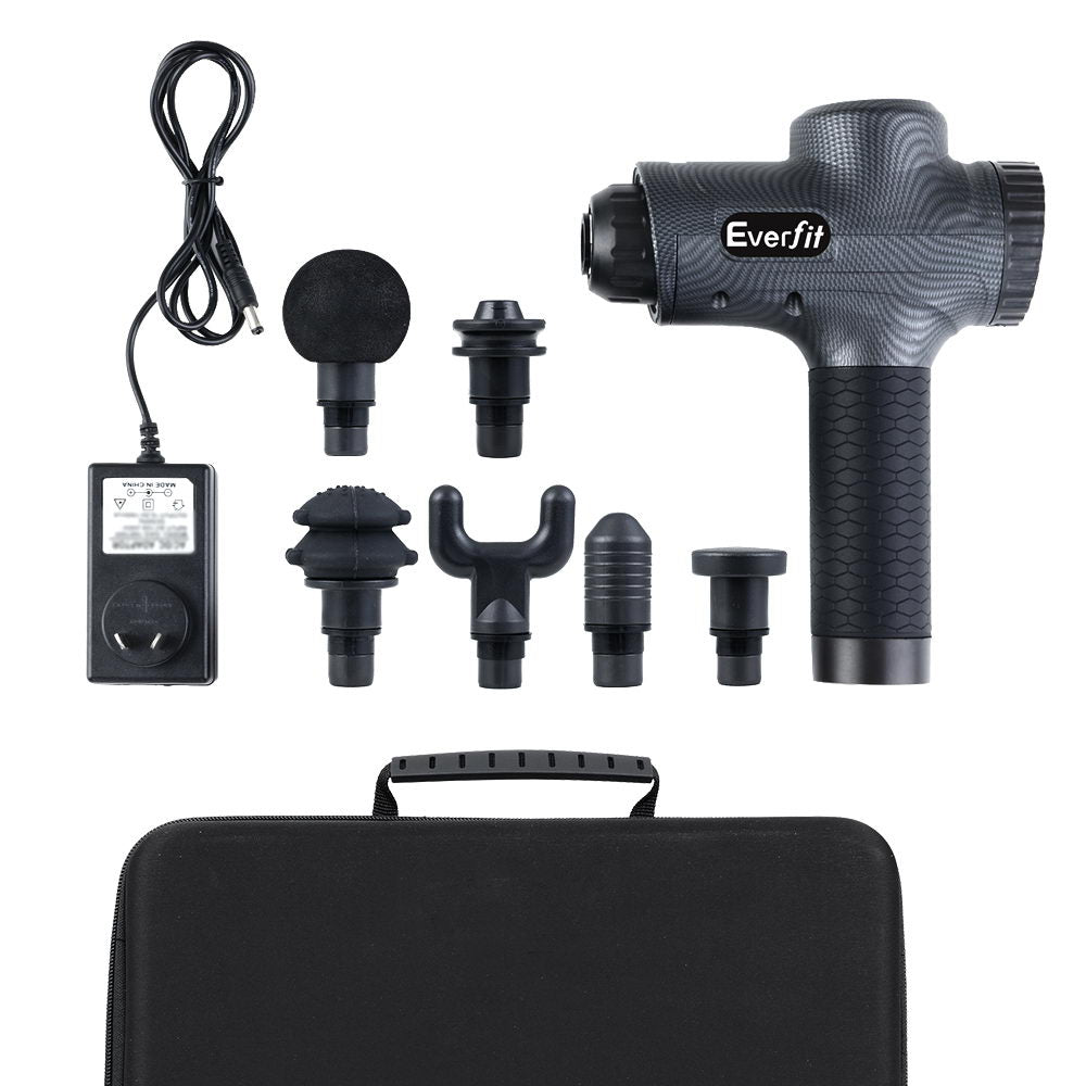 Massagers: Everfit Massage Gun 30 Speed 6 Heads Vibration Muscle Massager Chargeable Grey