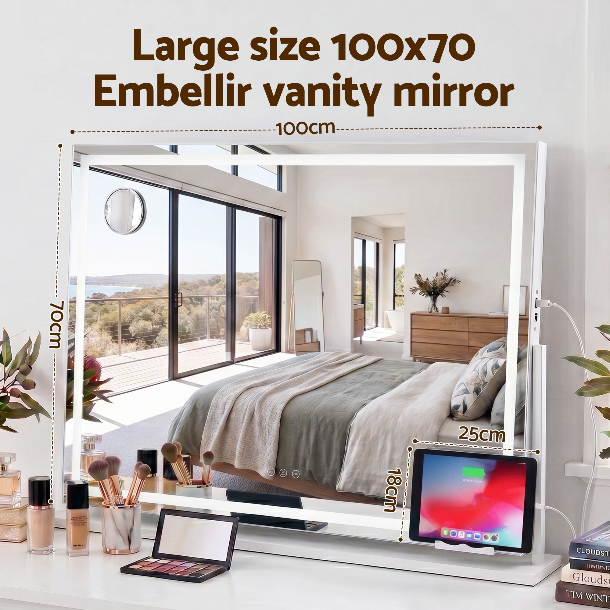Embellir 100x70cm Makeup Mirror 360 degree Rotatable Vanity Mirror 10x magnifing