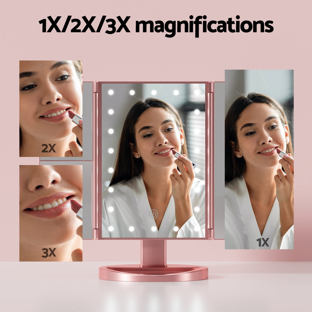 Makeup Mirrors: Embellir Tri-fold Makeup Mirror 1X2X3X Magnifying with LED Light Travel Portable Pink