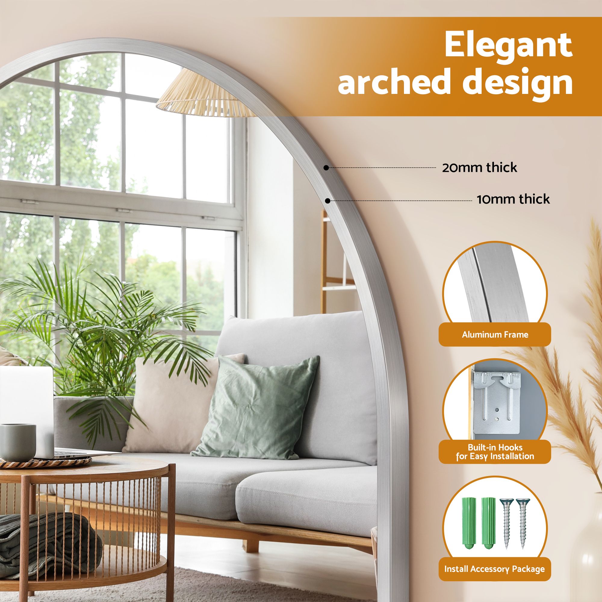Embellir Arch Wall Mirror, Decorative Silver Frame Mirrors, 61x41cm Bathroom Vanity Mirror, Slim Frame for Living Room Entryway Bedroom Decor