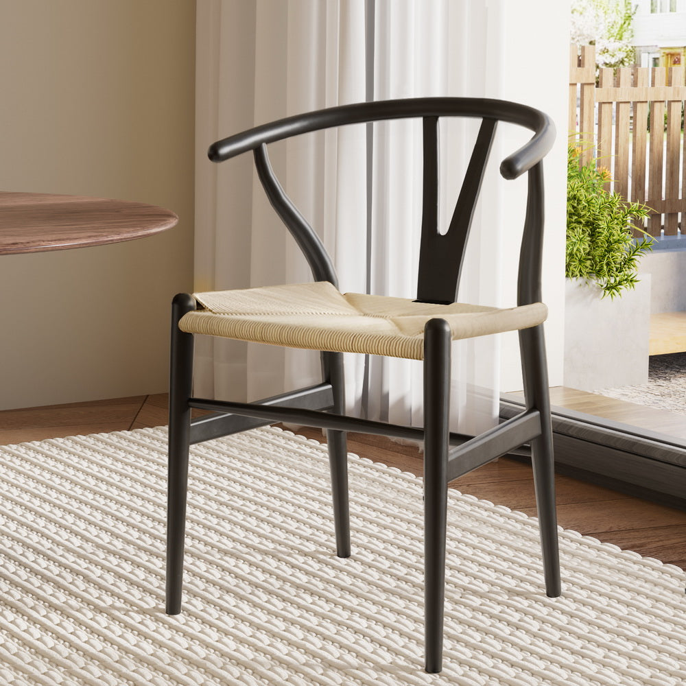 Kitchen & Dining Chairs: 1x Artiss Dining Chair Wooden Rattan Wishbone Black