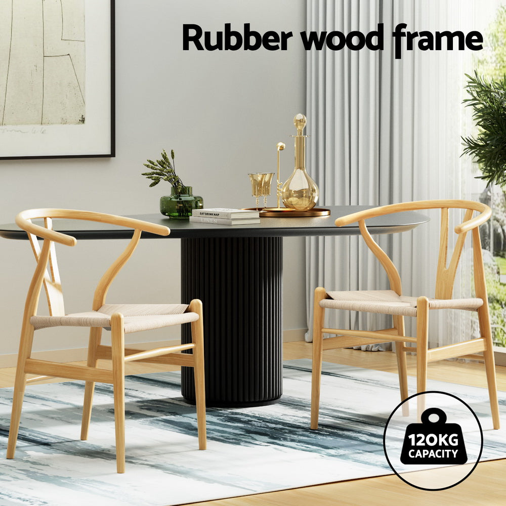 Kitchen & Dining Chairs: 1 Set of 2 Artiss Dining Chairs Wooden Rattan Seat Wishbone Back