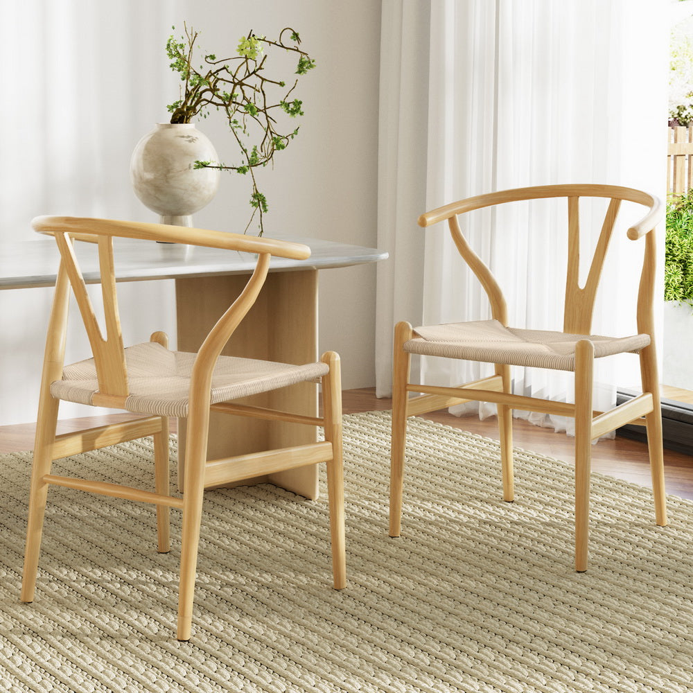 Kitchen & Dining Chairs: 1 Set of 2 Artiss Dining Chairs Wooden Rattan Seat Wishbone Back