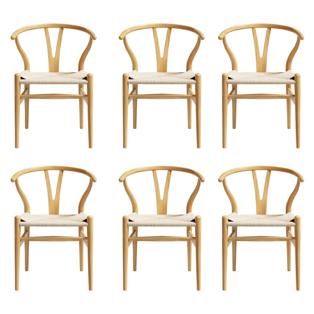 Kitchen & Dining Chairs: 1 Set of 6 Artiss Dining Chairs Wooden Rattan Seat Wishbone Back