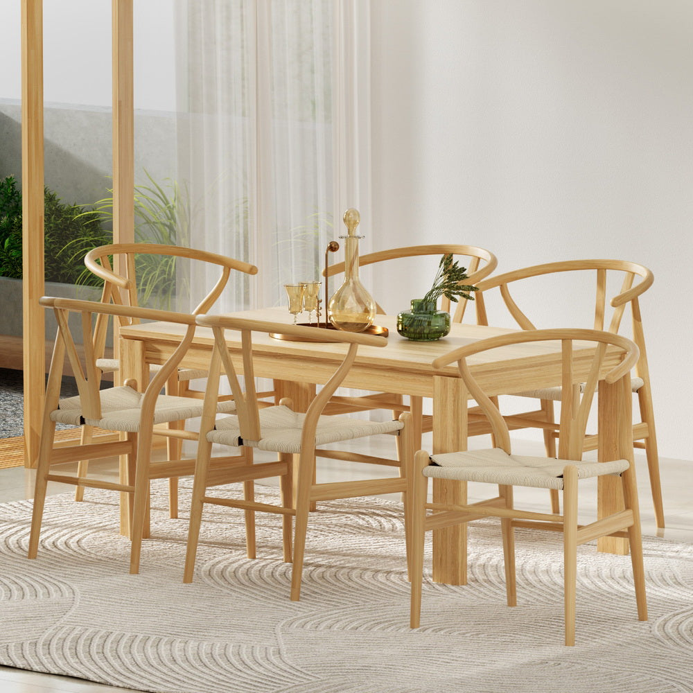 Kitchen & Dining Chairs: 1 Set of 6 Artiss Dining Chairs Wooden Rattan Seat Wishbone Back
