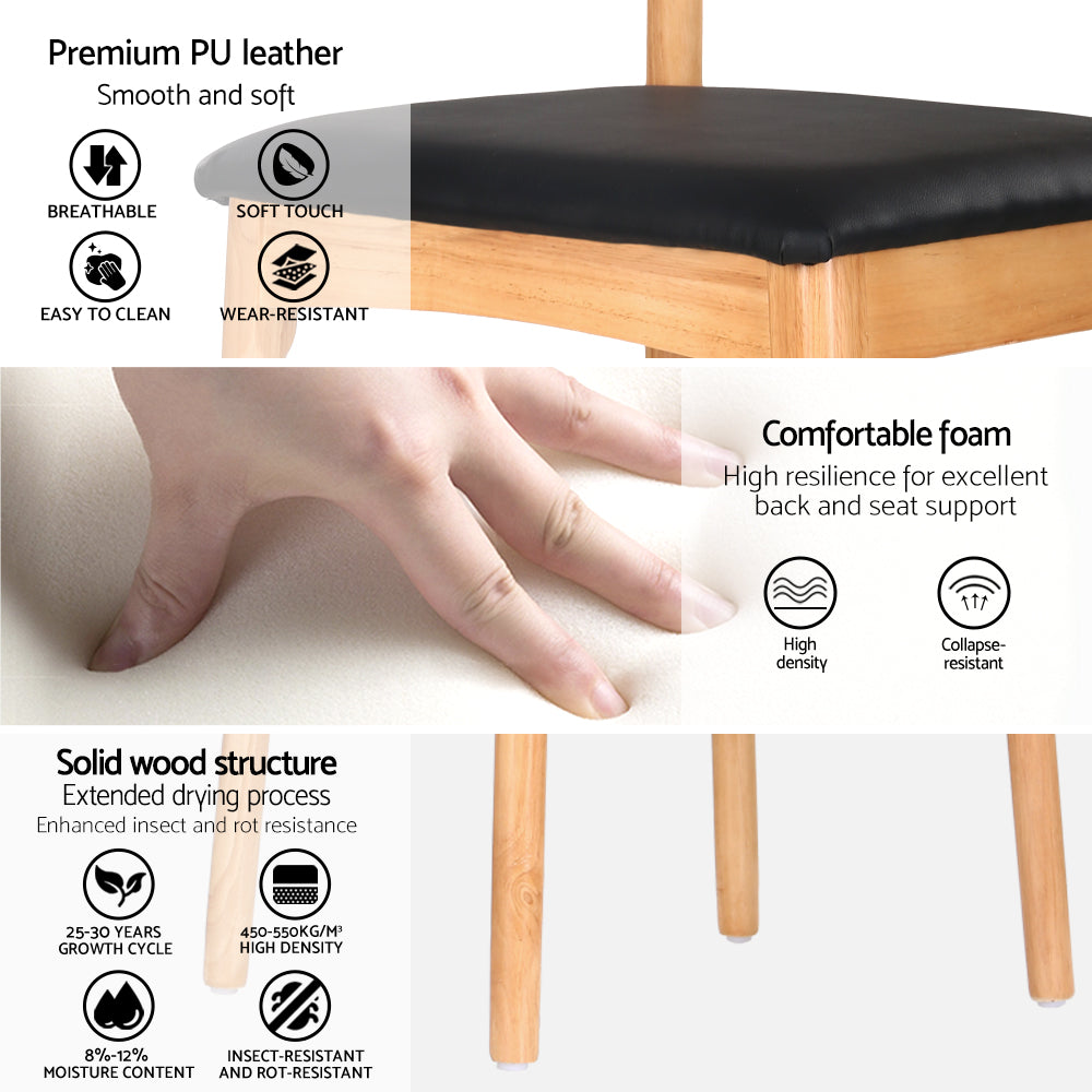 Kitchen & Dining Chairs: Artiss 4x Dining Chairs Rubber Wood Leather Seat Black