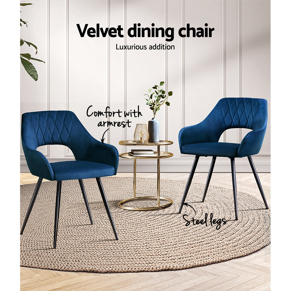 Kitchen & Dining Chairs: Artiss Dining Chairs Set of 2 Velvet Hollow Armchair Blue