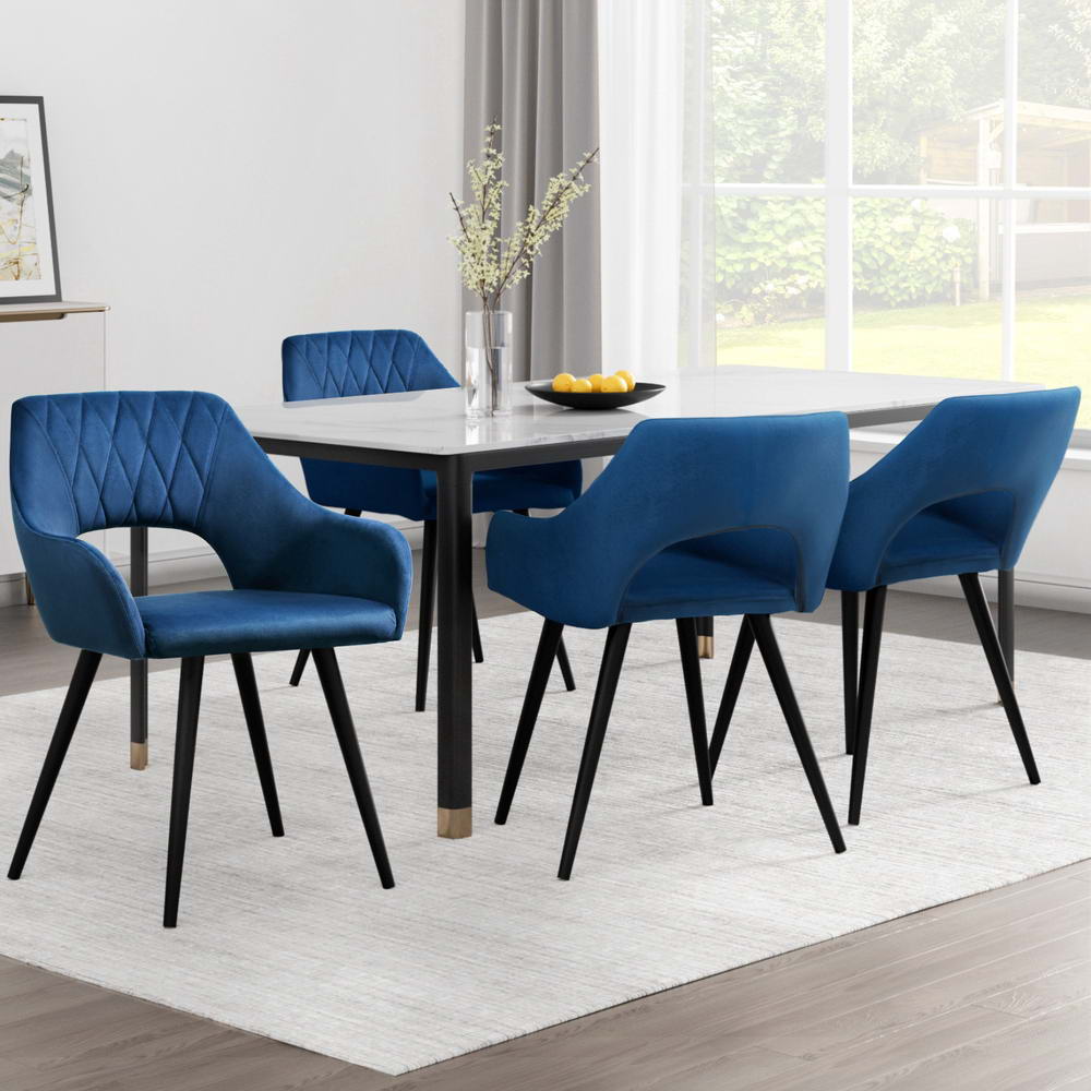 Kitchen & Dining Chairs: Artiss Dining Chairs Set of 4 Velvet Hollow Armchair Blue