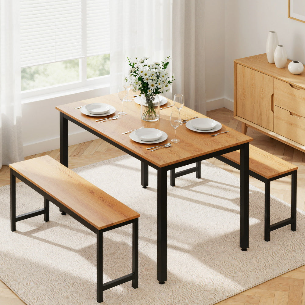 Artiss Dining Table and Chairs Set 3PCS Kitchen Metal Desk Bench Natural Oak