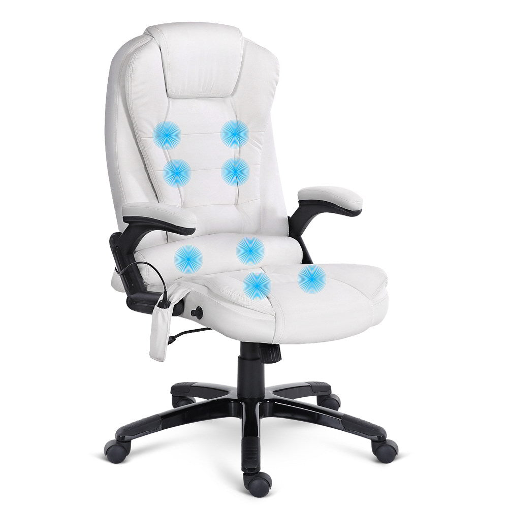 Massage Chairs: Artiss 8 Point Massage Office Chair Heated Seat Recliner PU White