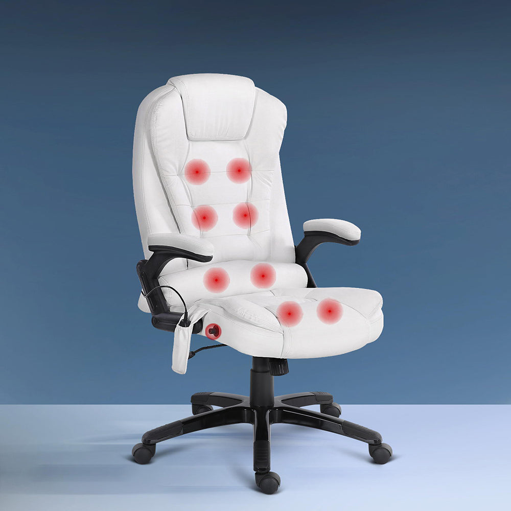 Massage Chairs: Artiss 8 Point Massage Office Chair Heated Seat Recliner PU White