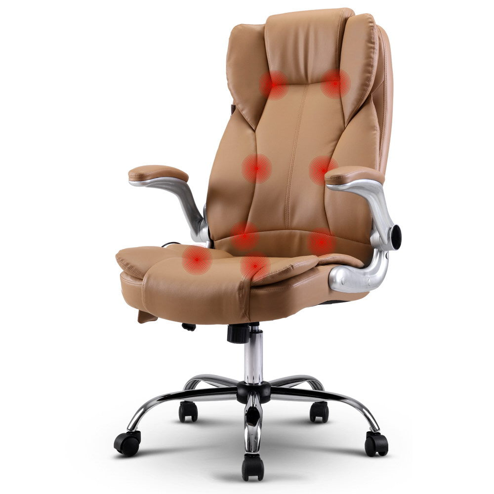 Massage Chairs: Artiss 8 Point Massage Office Chair PU Leather Brown