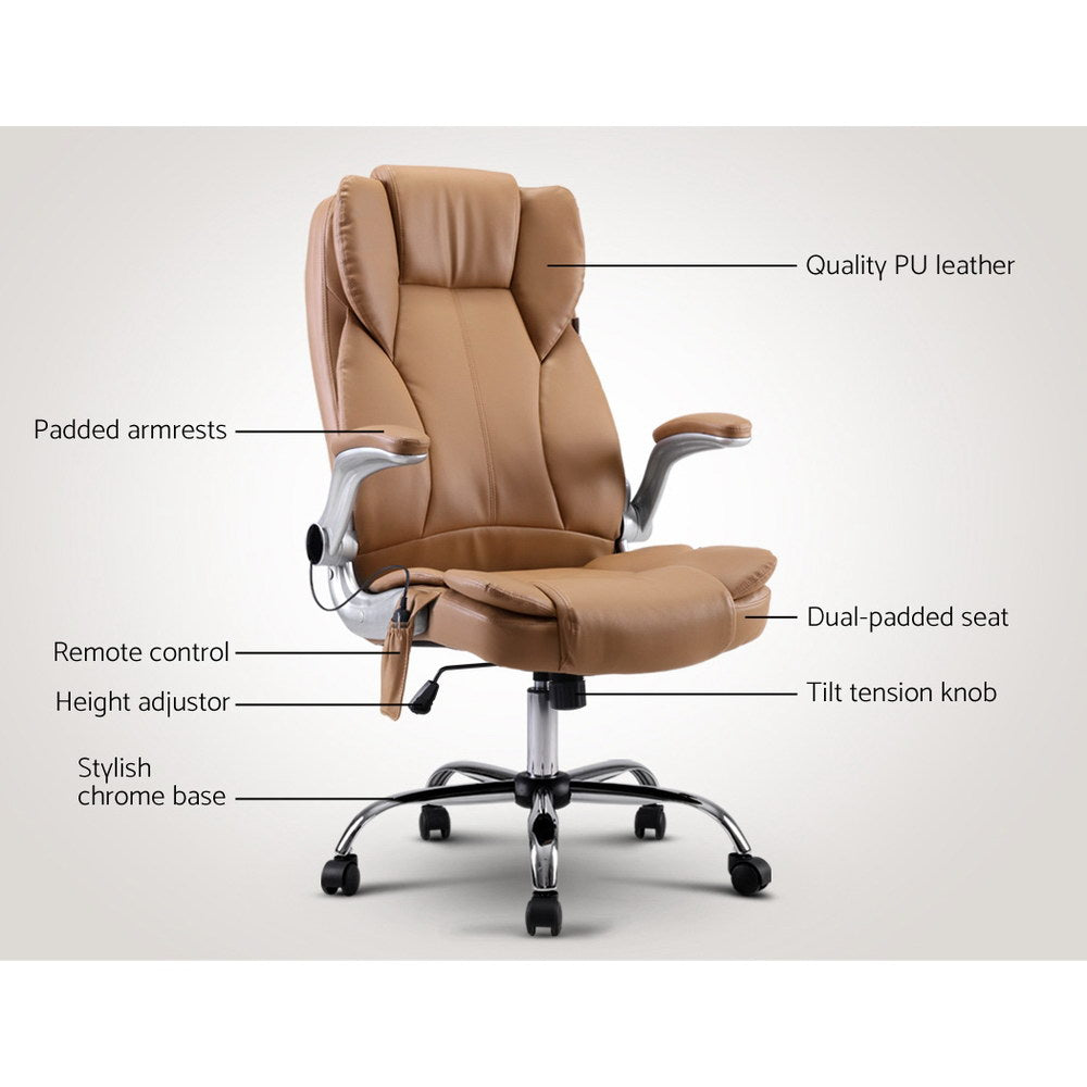 Massage Chairs: Artiss 8 Point Massage Office Chair PU Leather Brown