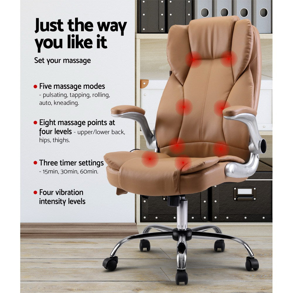 Massage Chairs: Artiss 8 Point Massage Office Chair PU Leather Brown