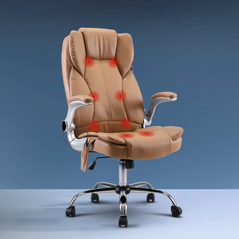 Massage Chairs: Artiss 8 Point Massage Office Chair PU Leather Brown