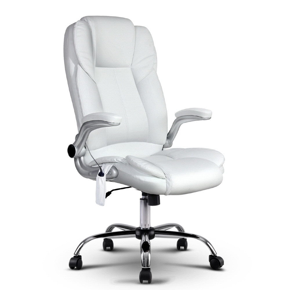 Massage Chairs: Artiss 8 Point Massage Office Chair PU Leather White