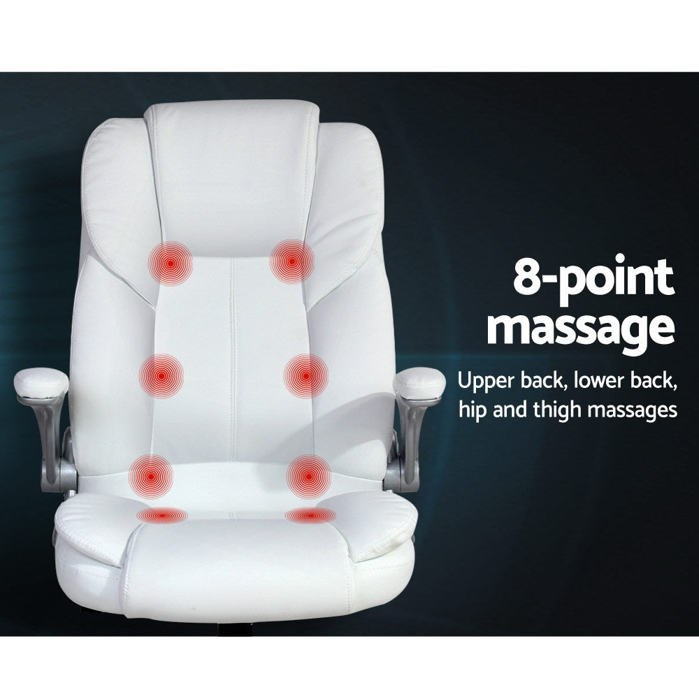 Massage Chairs: Artiss 8 Point Massage Office Chair PU Leather White