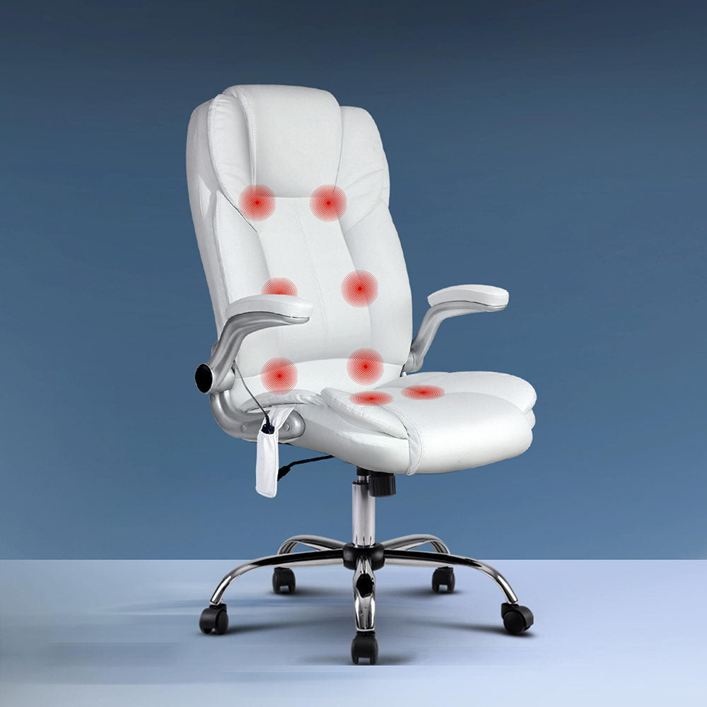 Massage Chairs: Artiss 8 Point Massage Office Chair PU Leather White