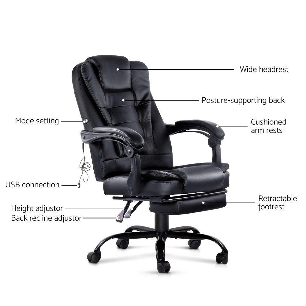 Massage Chairs: Artiss 2 Point Massage Office Chair PU Leather Footrest Black