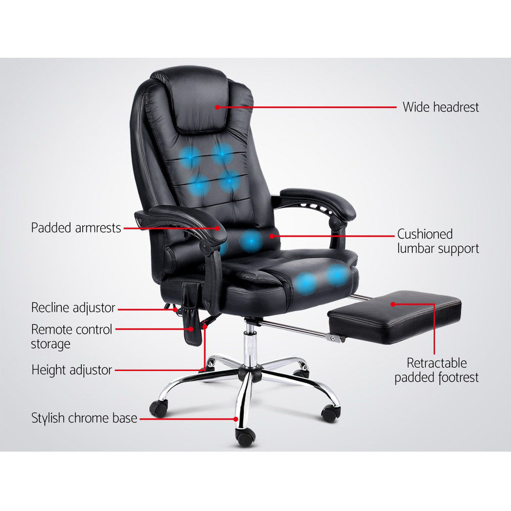 Massage Chairs: Artiss 8 Point Massage Office Chair PU Leather Footrest Black
