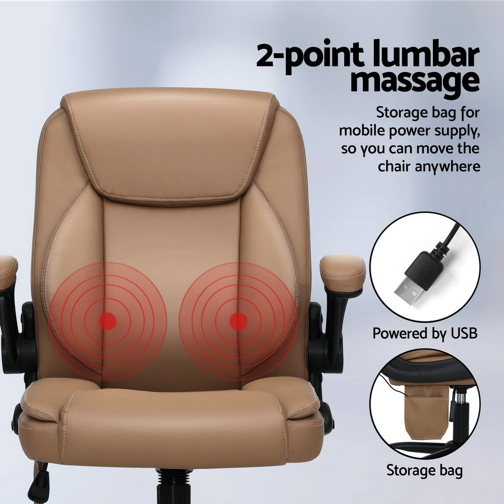 Massage Chairs: Artiss 2 Point Massage Office Chair Leather Mid Back Brown