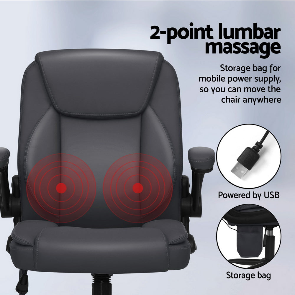 Massage Chairs: Artiss 2 Point Massage Office Chair Leather Mid Back Grey