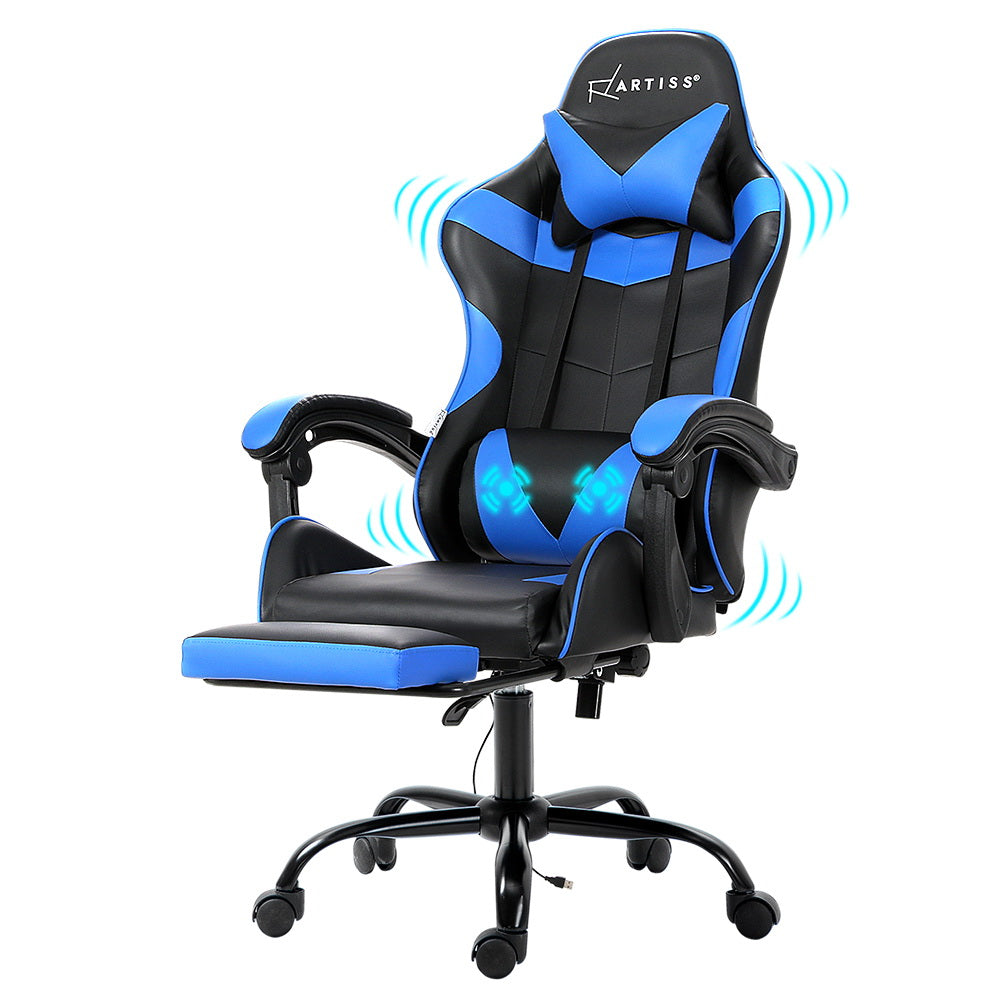 Massage Chairs: Artiss 2 Point Massage Gaming Office Chair Footrest Blue