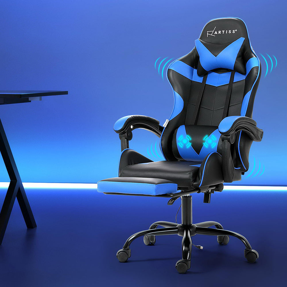 Massage Chairs: Artiss 2 Point Massage Gaming Office Chair Footrest Blue