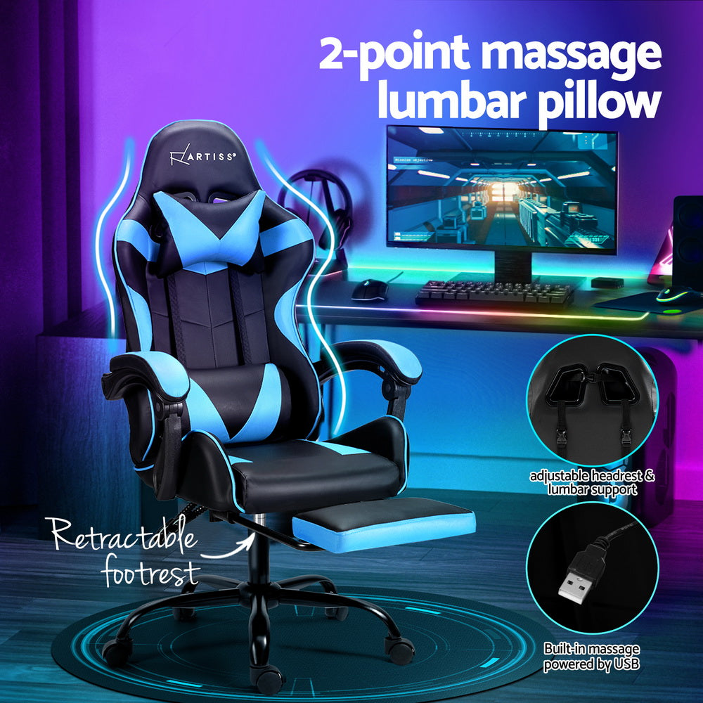 Massage Chairs: Artiss 2 Point Massage Gaming Office Chair Footrest Cyan Blue