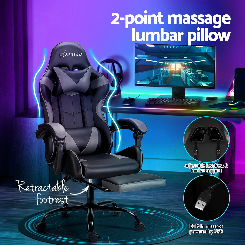 Massage Chairs: Artiss 2 Point Massage Gaming Office Chair Footrest Grey