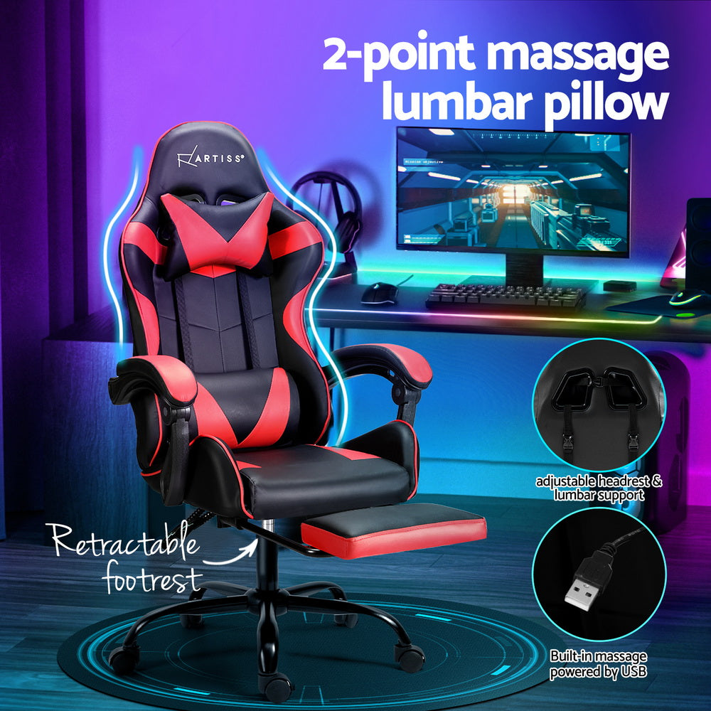 Massage Chairs: Artiss 2 Point Massage Gaming Office Chair Footrest Red