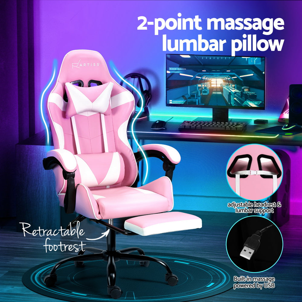 Massage Chairs: Artiss 2 Point Massage Gaming Office Chair Footrest Pink