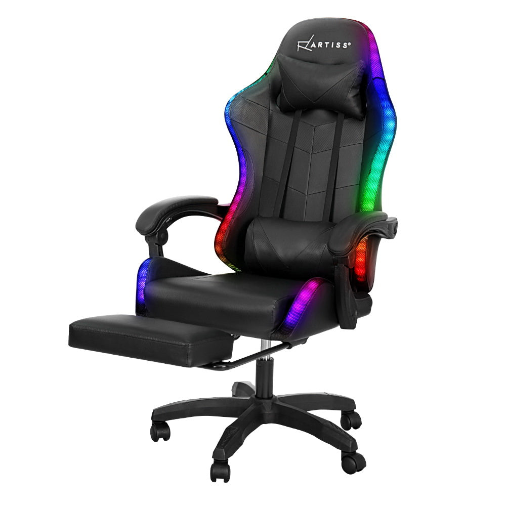 Massage Chairs: Artiss 6 Point Massage Gaming Office Chair 7 LED Footrest Black
