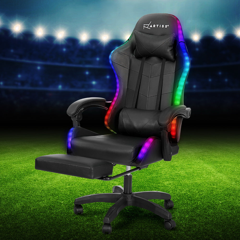 Massage Chairs: Artiss 6 Point Massage Gaming Office Chair 7 LED Footrest Black