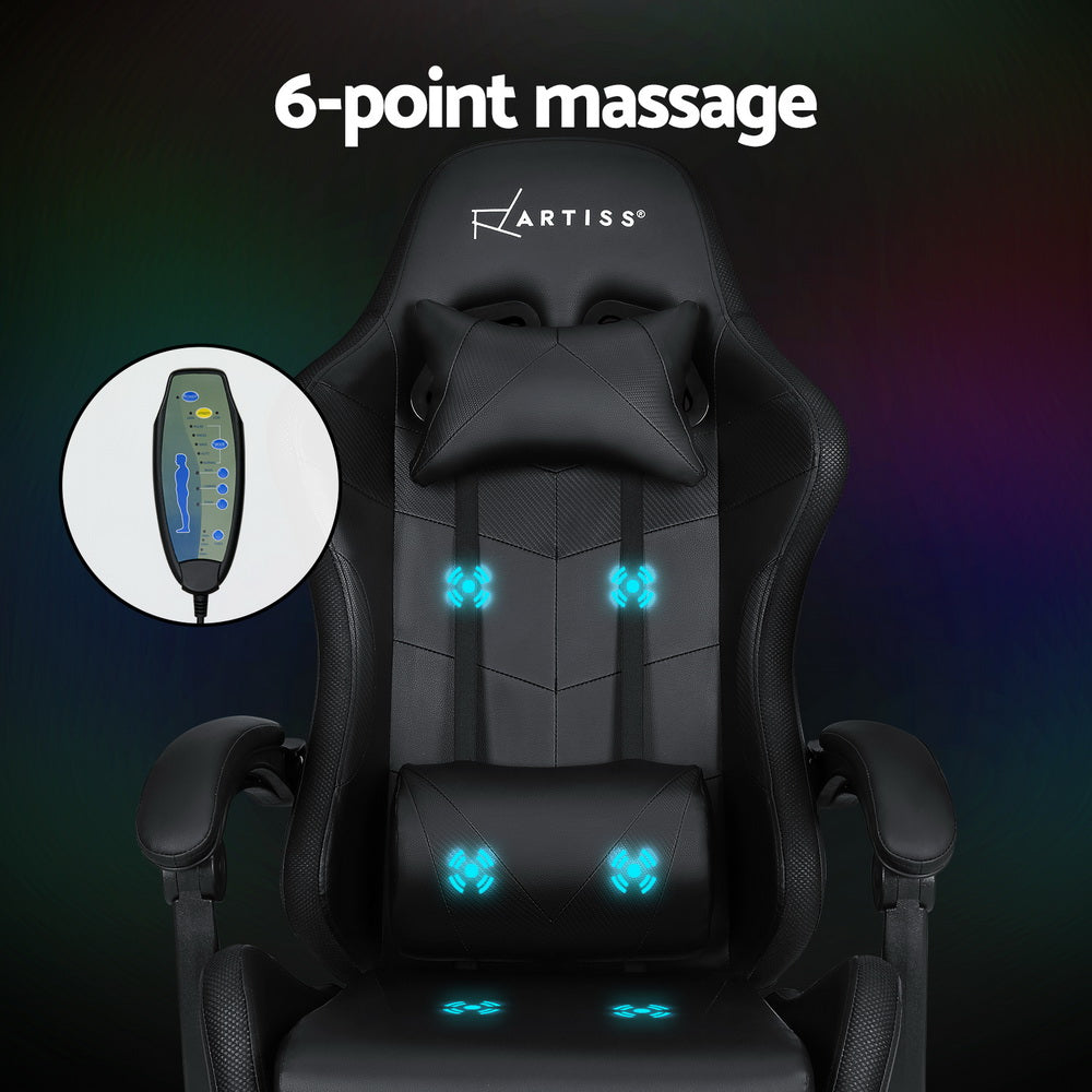 Massage Chairs: Artiss 6 Point Massage Gaming Office Chair 7 LED Footrest Black