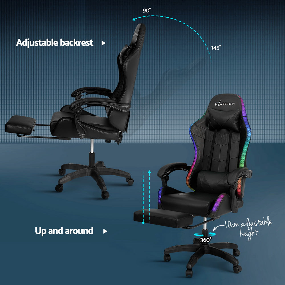 Massage Chairs: Artiss 6 Point Massage Gaming Office Chair 7 LED Footrest Black
