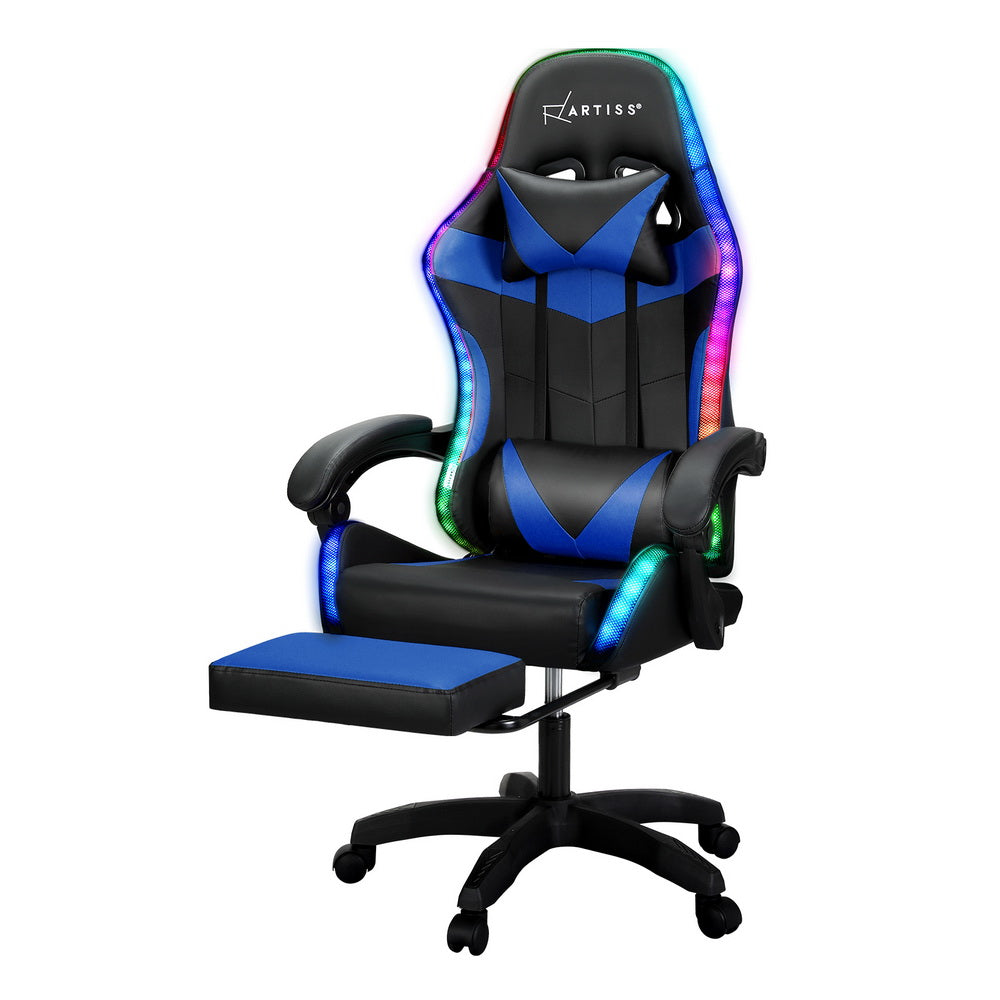 Massage Chairs: Artiss 6 Point Massage Gaming Office Chair 7 LED Footrest Blue