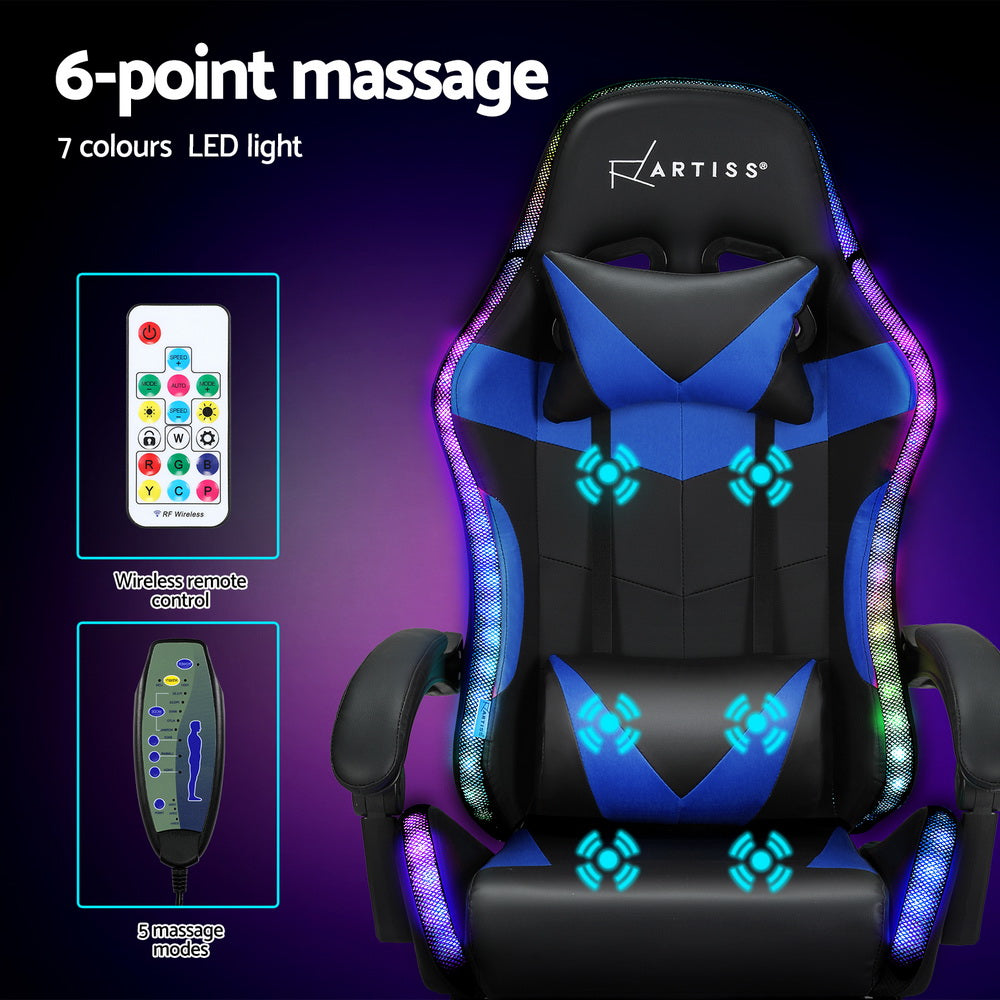 Massage Chairs: Artiss 6 Point Massage Gaming Office Chair 7 LED Footrest Blue